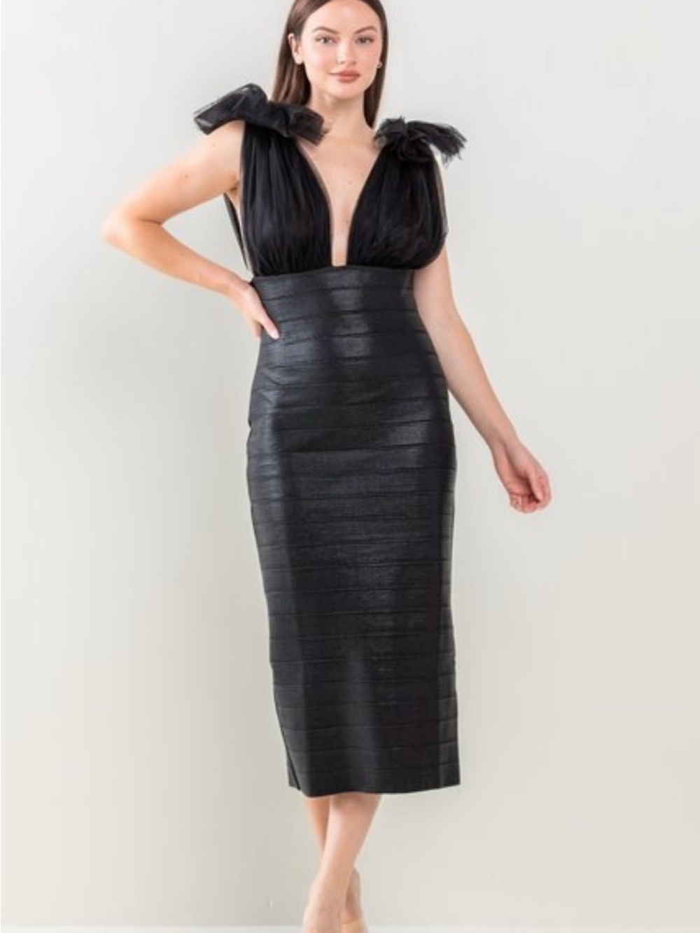 Black Plunging Midi Dress with Tulle Shoulder Detail